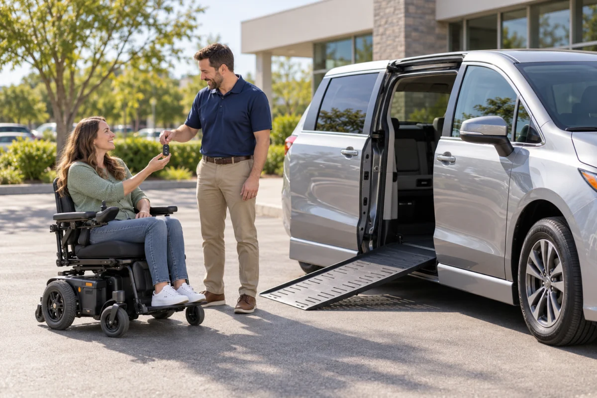 Mobility advisor handing vehicle keys to a customer beside an accessible minivan