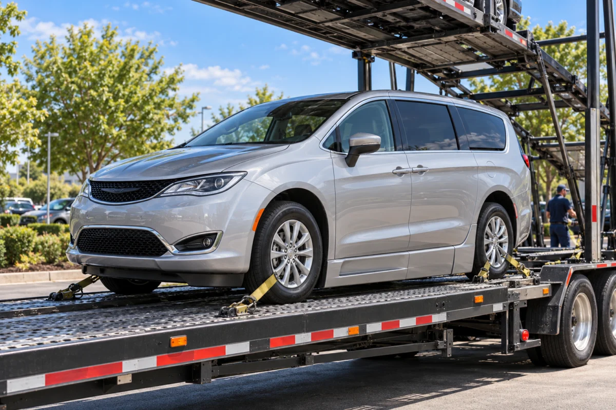 Silver accessible minivan secured on a car-carrier trailer