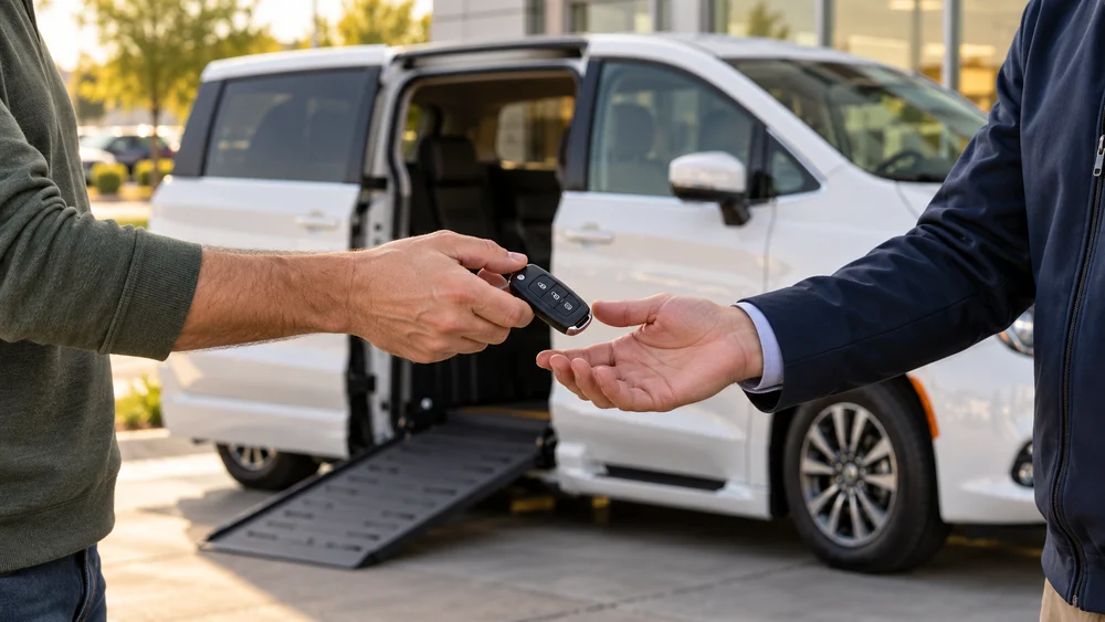 Vehicle owner handing keys to an advisor beside a wheelchair accessible minivan.