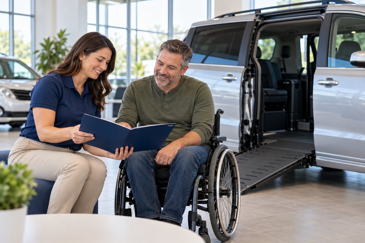 A mobility advisor helping a wheelchair user explore an accessible van