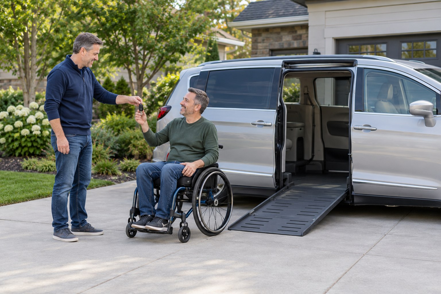 An accessible van owner handing keys to a buyer in a wheelchair