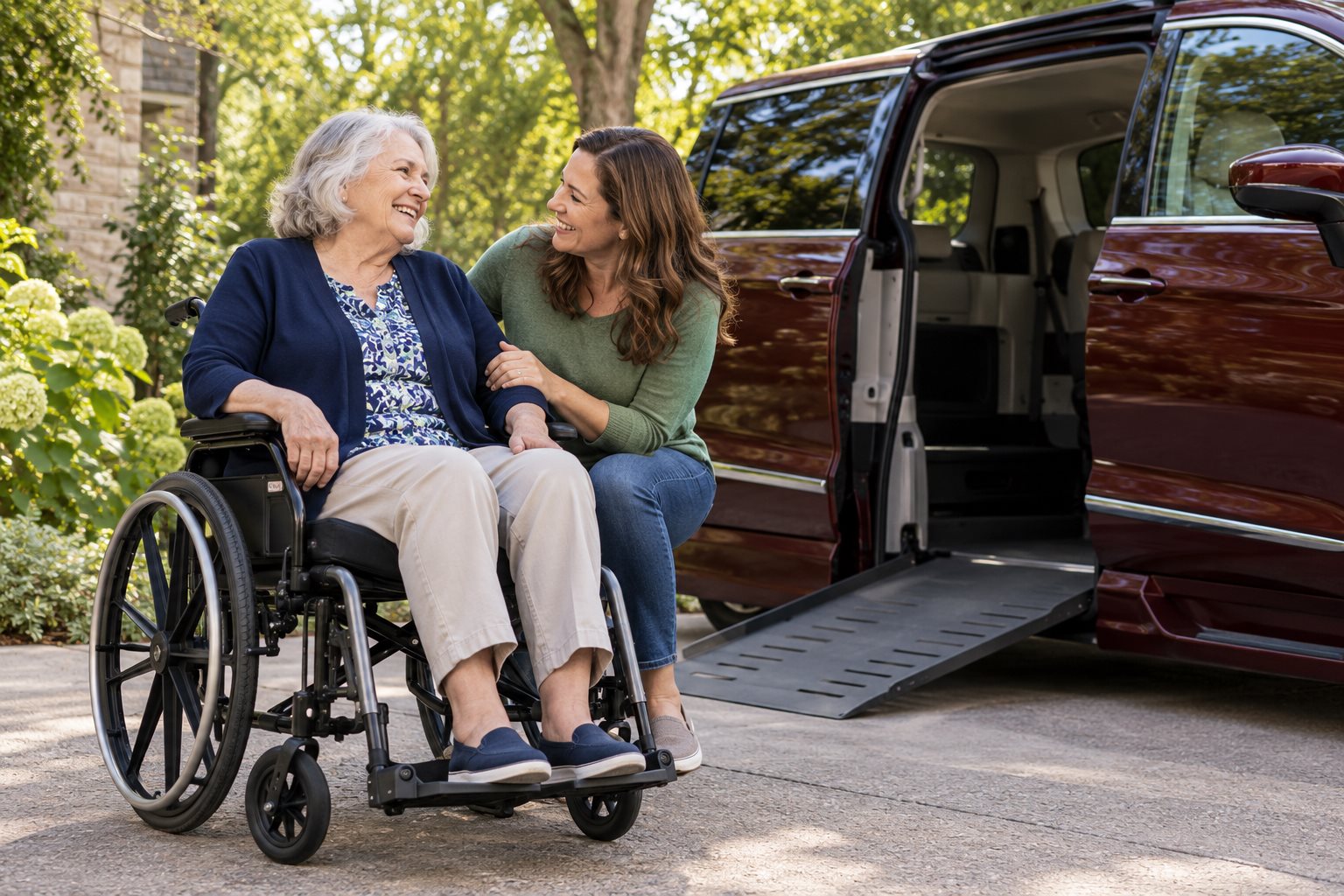 A wheelchair user and her daughter beside a burgundy accessible minivan