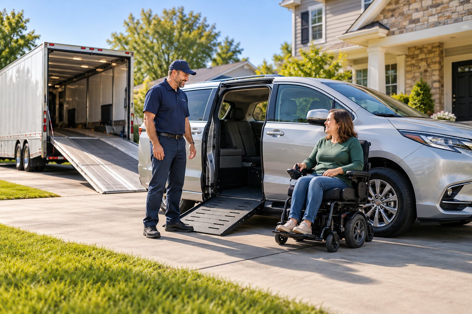 Accessible minivan arriving at a home with a delivery driver
