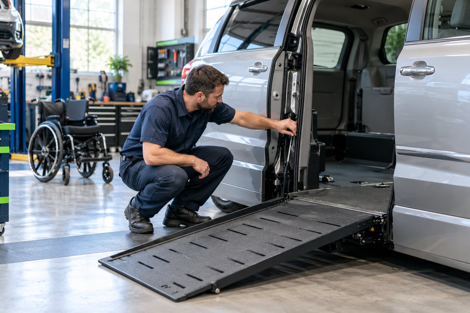 Technician inspecting a wheelchair van ramp mechanism