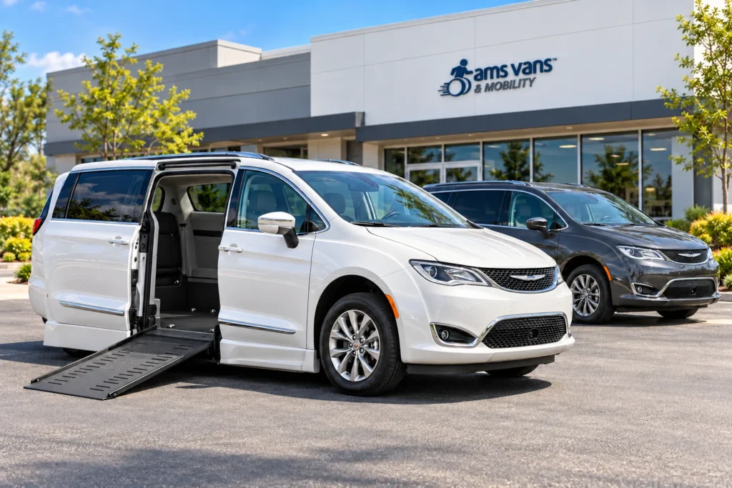 Illustration of wheelchair accessible vans outside an AMS Vans dealership